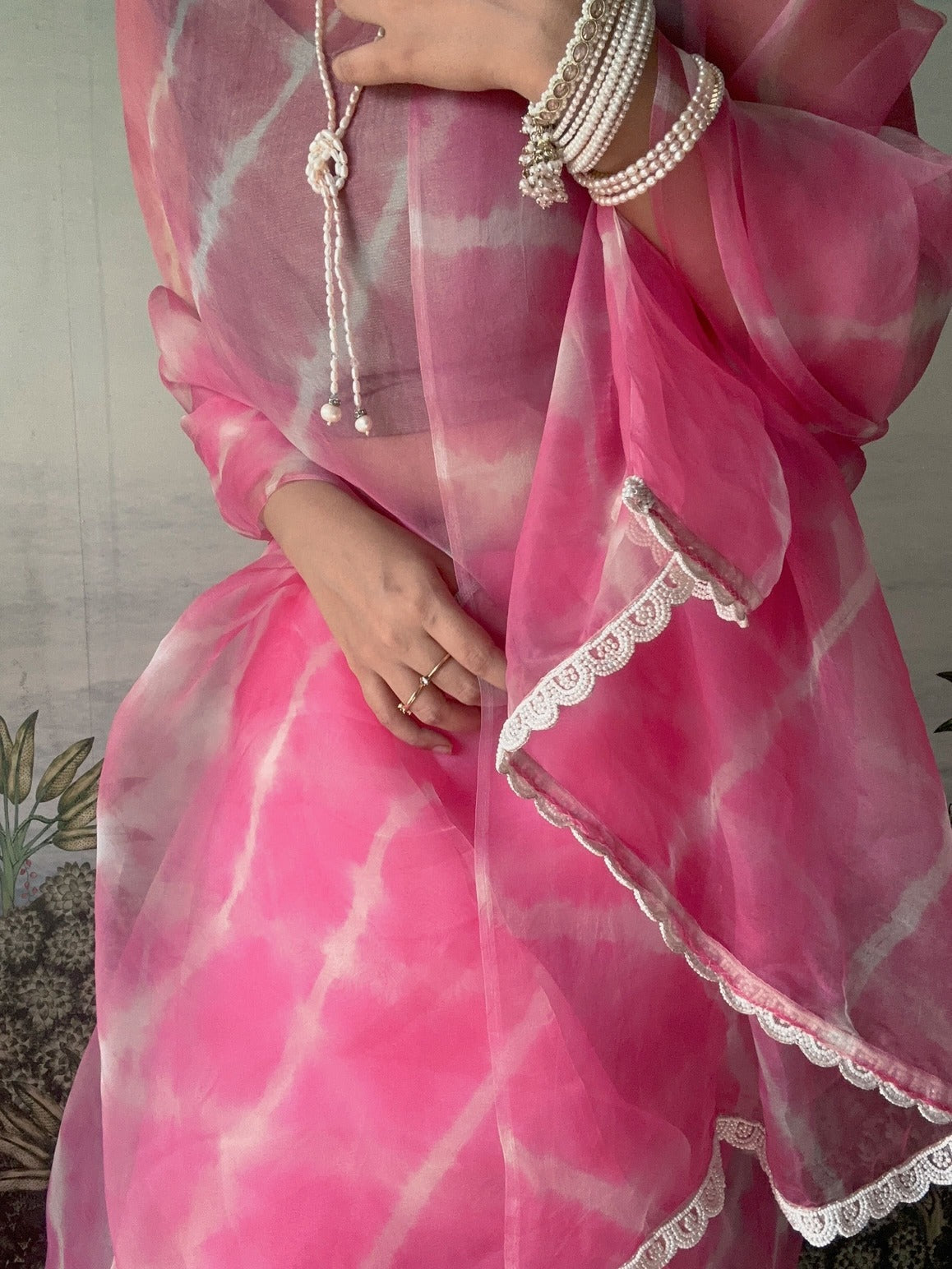 Rooh Afza Gin - Pure Silk Organza Leheriya Saree