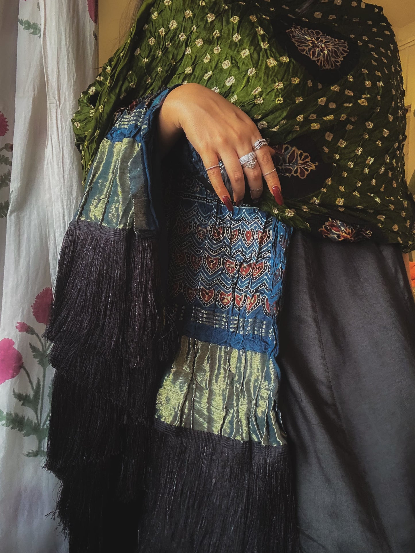 Noir Indigo - Fringed Ajrakh Bandhej Lagdi Patta Dupatta