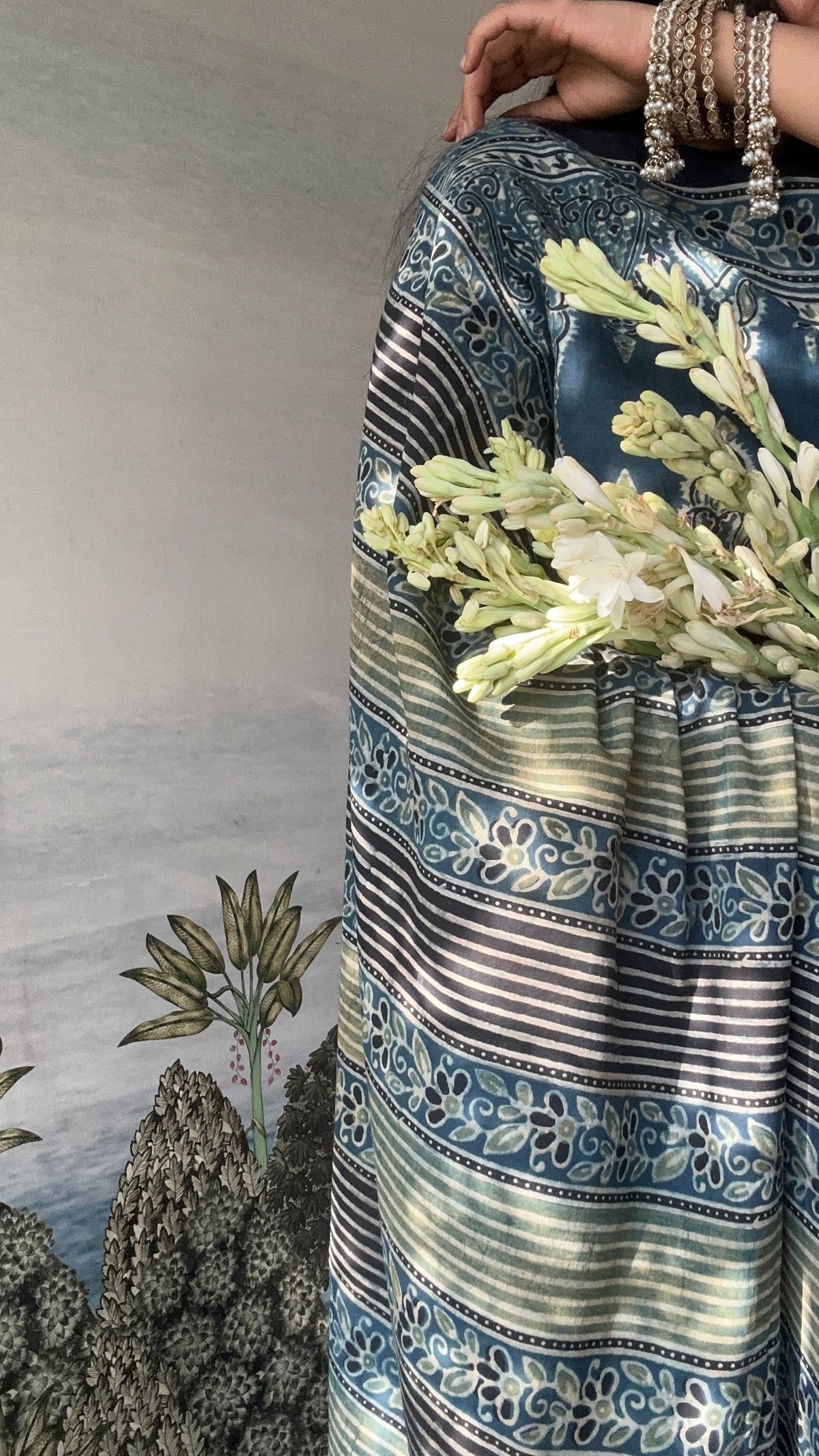 Lush Ajrakh Cotton Mul Saree - Indigo