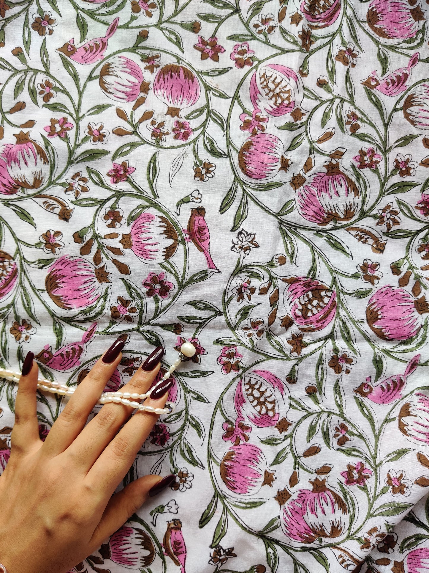 Persephone's Summer - Handblocked Pomegranates on Cotton Mul