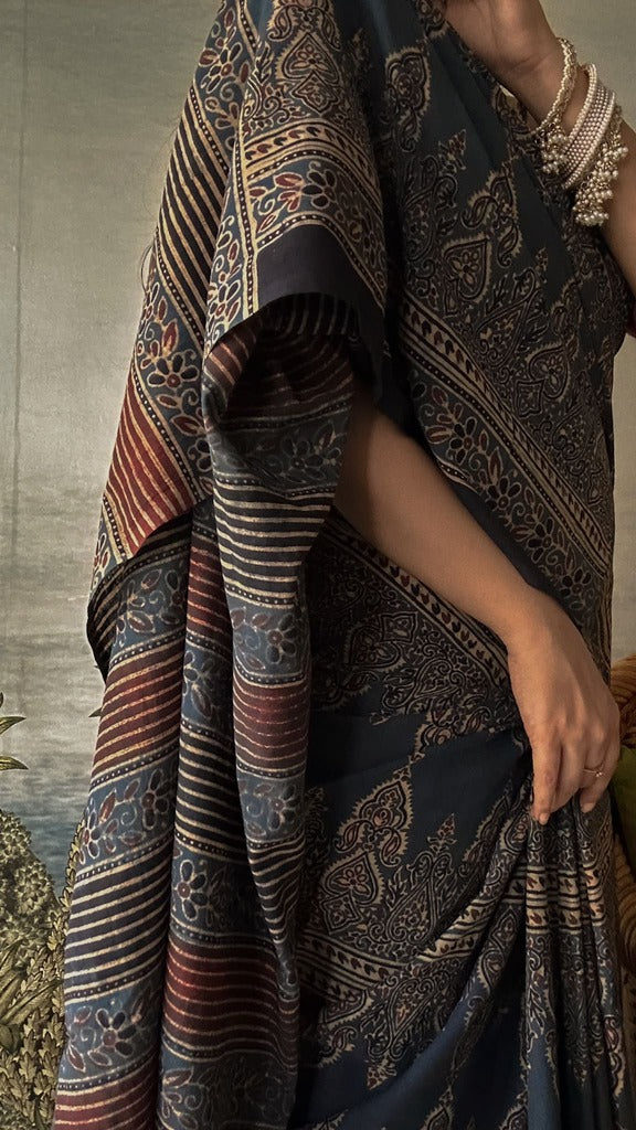 Lush Ajrakh Cotton Mul Saree - Sawan