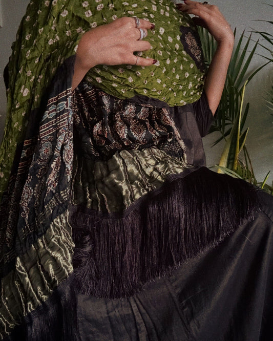 Noir Forest - Fringed Ajrakh Bandhej Lagdi Patta Dupatta