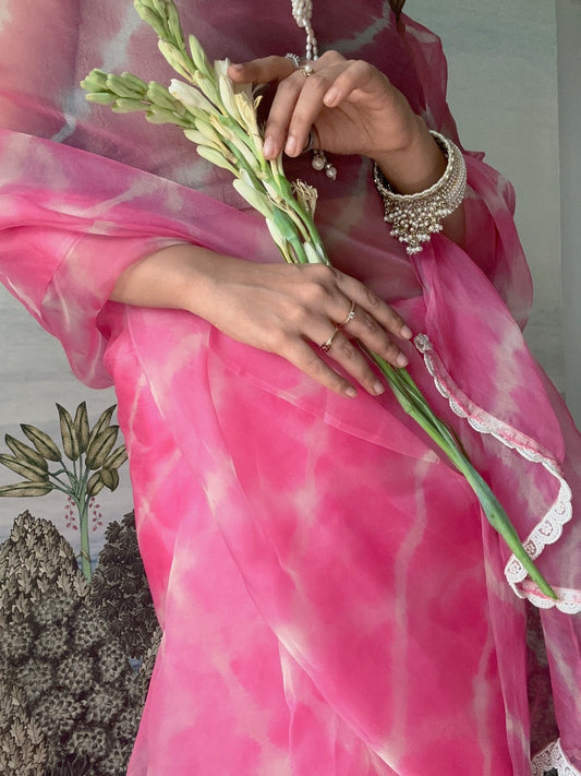 Rooh Afza Gin - Pure Silk Organza Leheriya Saree
