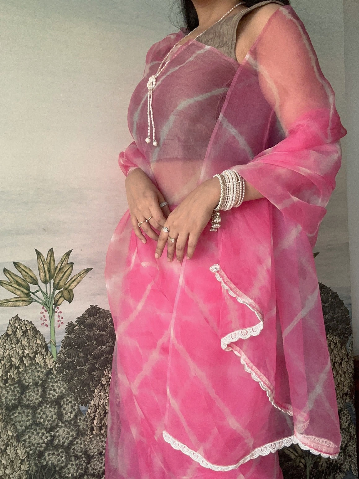 Rooh Afza Gin - Pure Silk Organza Leheriya Saree