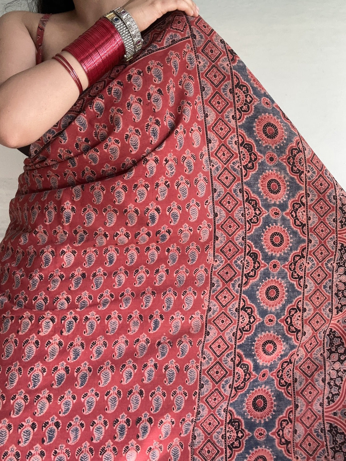 Kairi & Mirchi Ajrakh Cotton Mul Saree