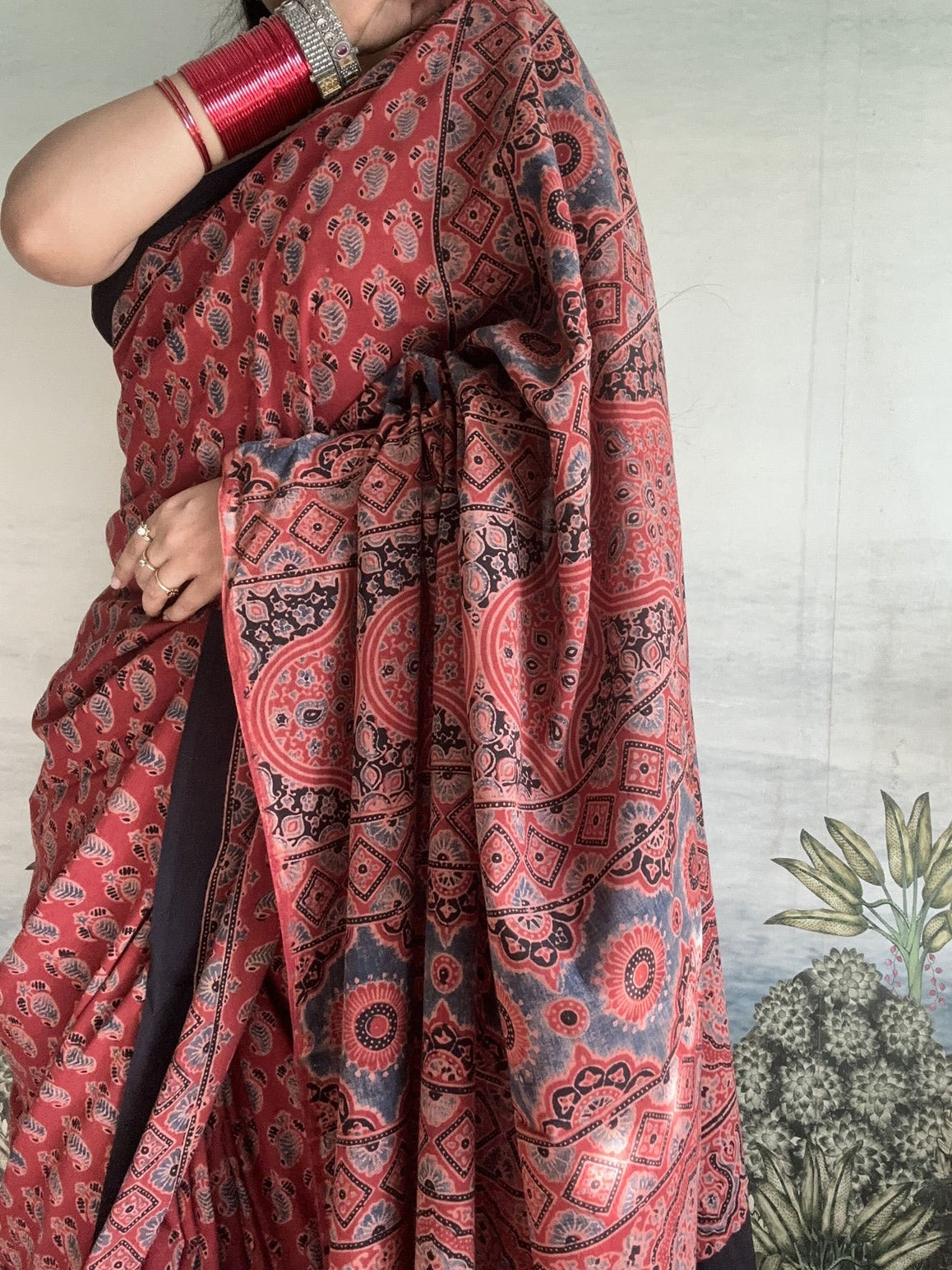 Kairi & Mirchi Ajrakh Cotton Mul Saree