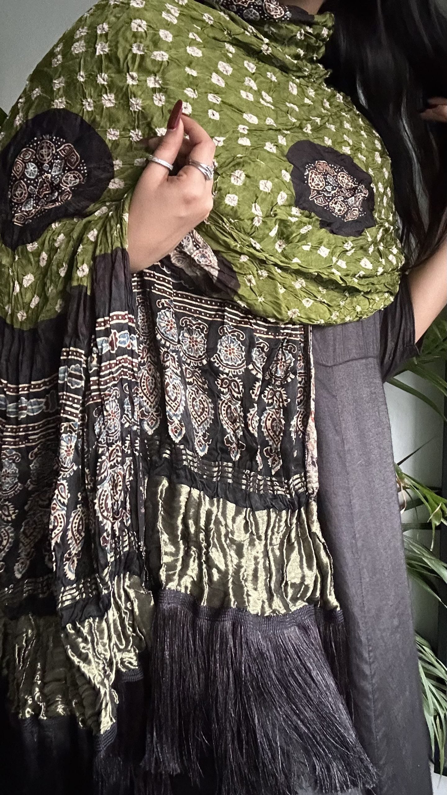 Noir Forest - Fringed Ajrakh Bandhej Lagdi Patta Dupatta