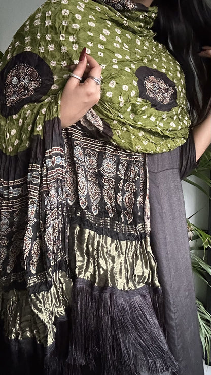 Noir Forest - Fringed Ajrakh Bandhej Lagdi Patta Dupatta