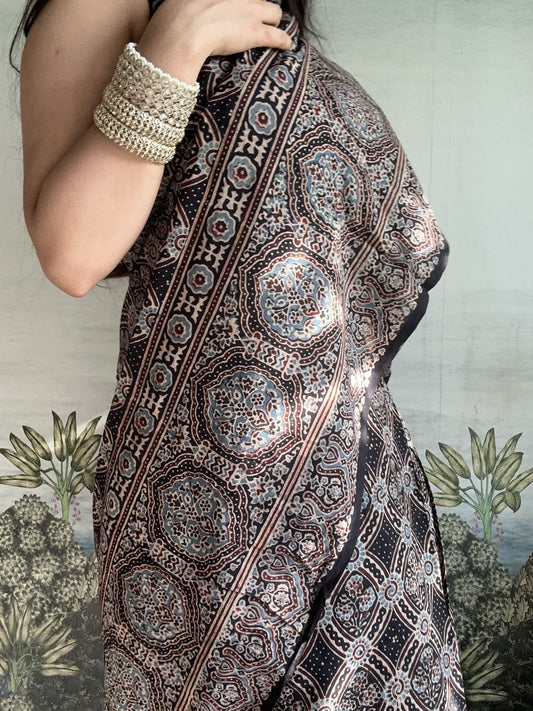 Baroque Black Ajrakh Cotton Mul Saree