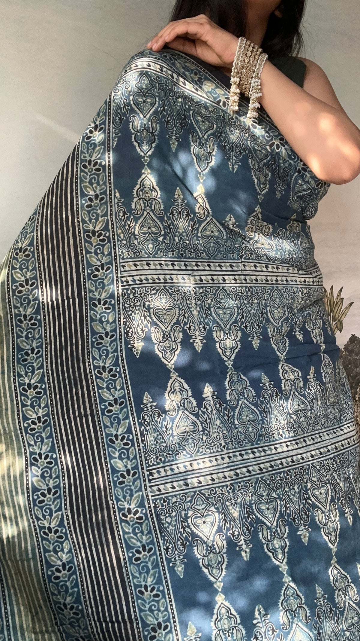 Lush Ajrakh Cotton Mul Saree - Indigo