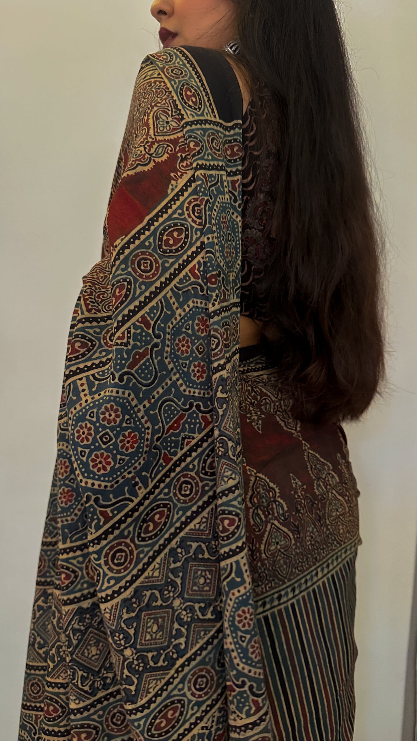 Lush Ajrakh Cotton Mul Saree - Wine & Indigo