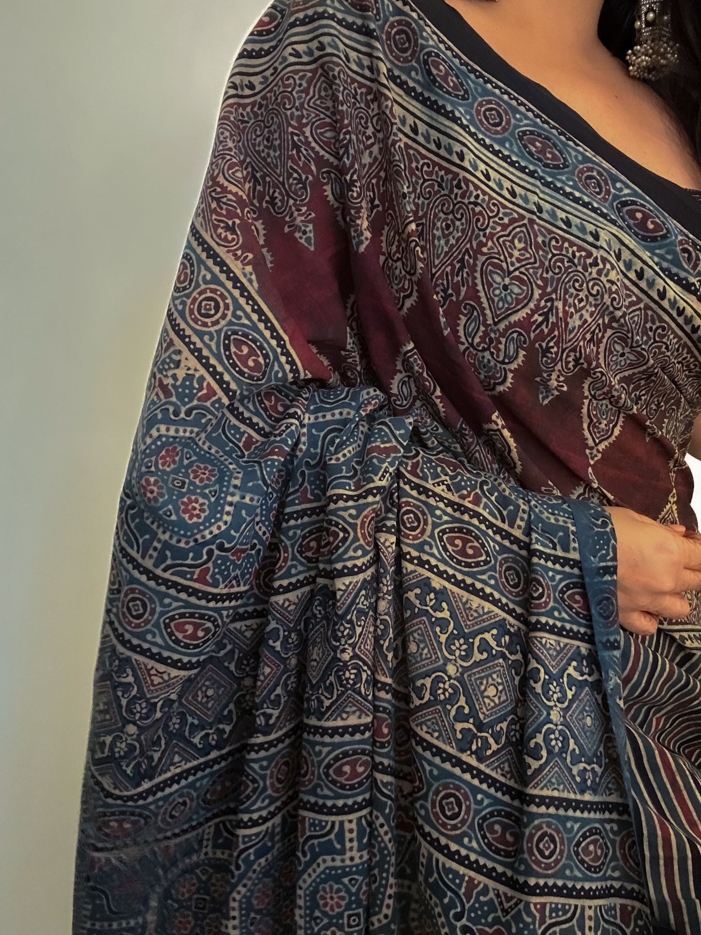 Lush Ajrakh Cotton Mul Saree - Wine & Indigo