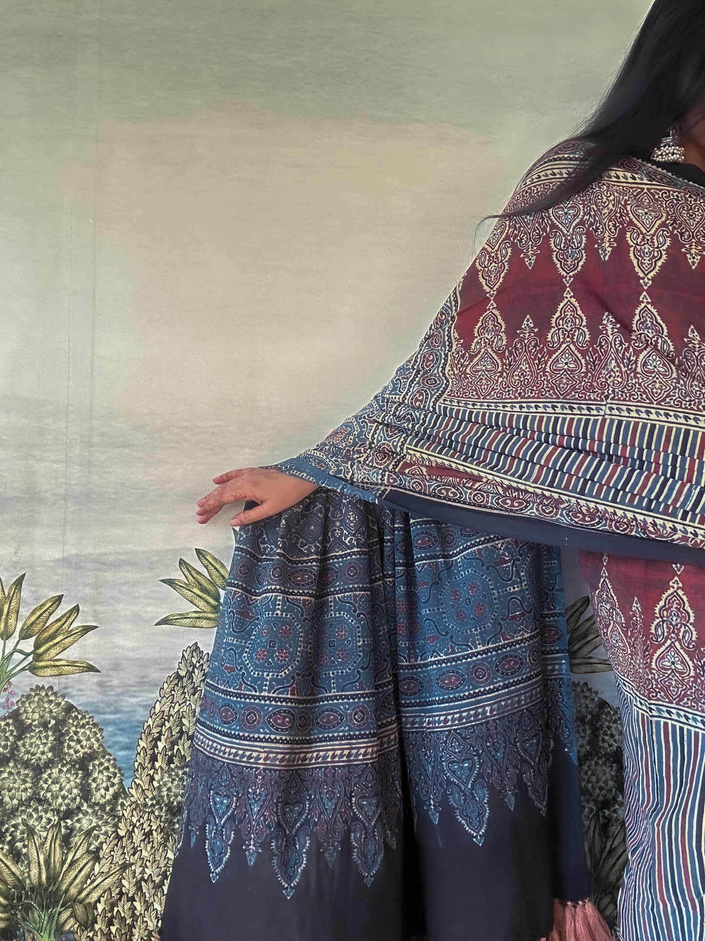 Lush Ajrakh Cotton Mul Saree - Wine & Indigo