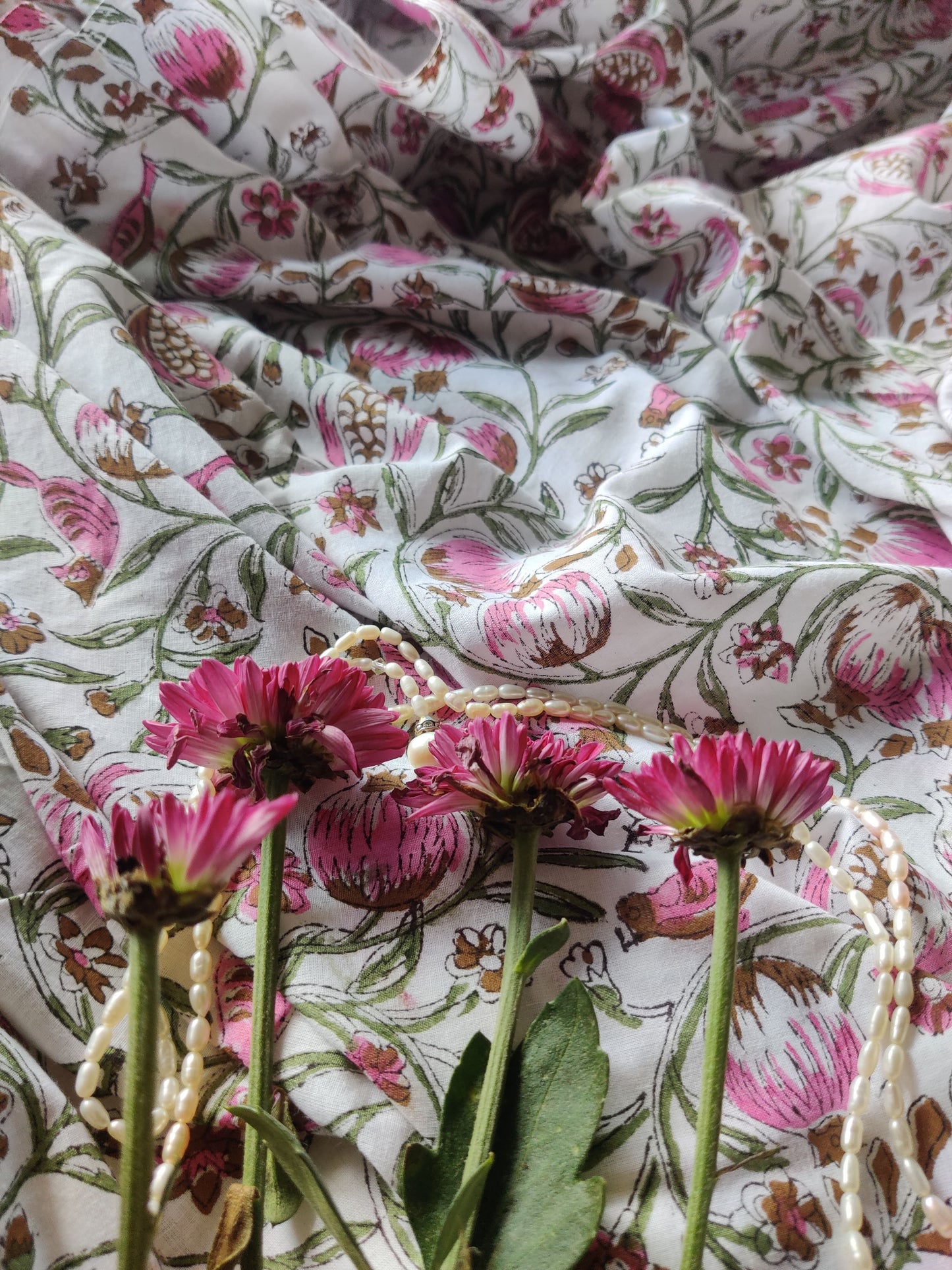 Persephone's Summer - Handblocked Pomegranates on Cotton Mul