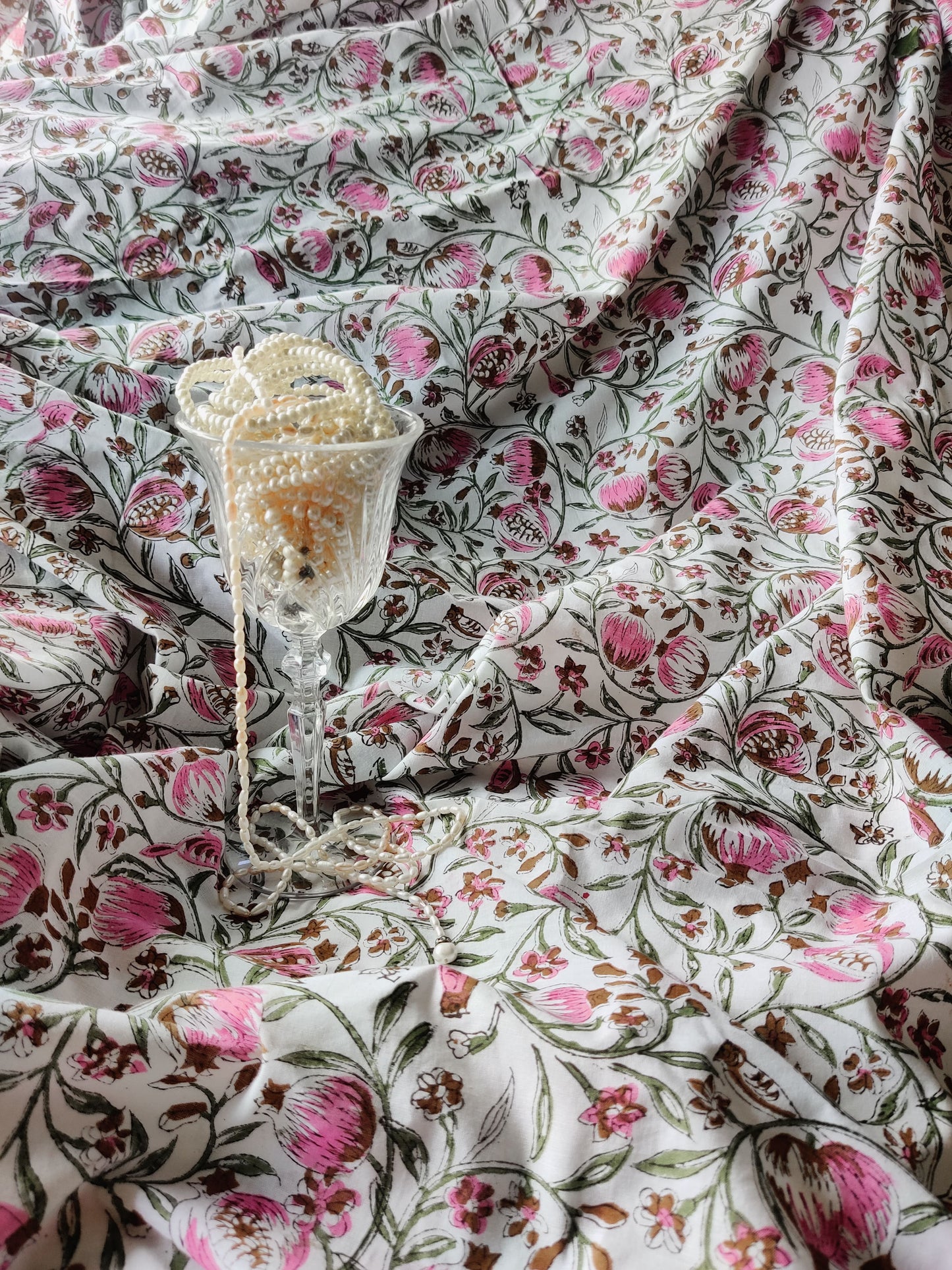 Persephone's Summer - Handblocked Pomegranates on Cotton Mul