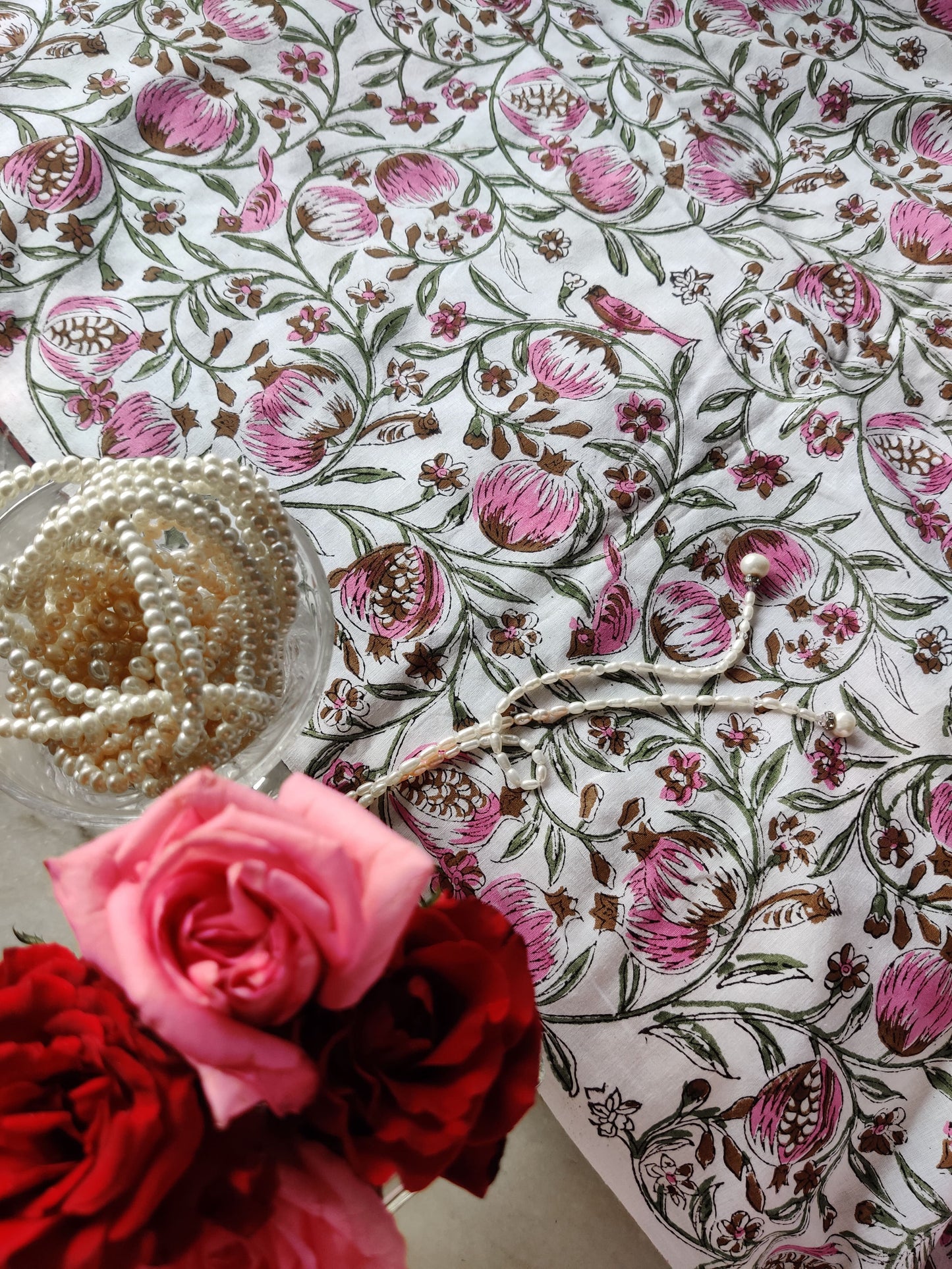 Persephone's Summer - Handblocked Pomegranates on Cotton Mul