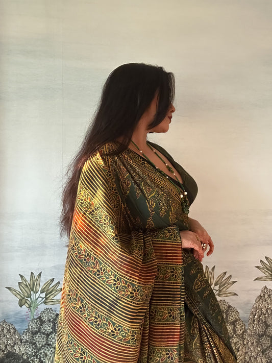 Lush Ajrakh Cotton Mul Saree - Deep Mehendi Green