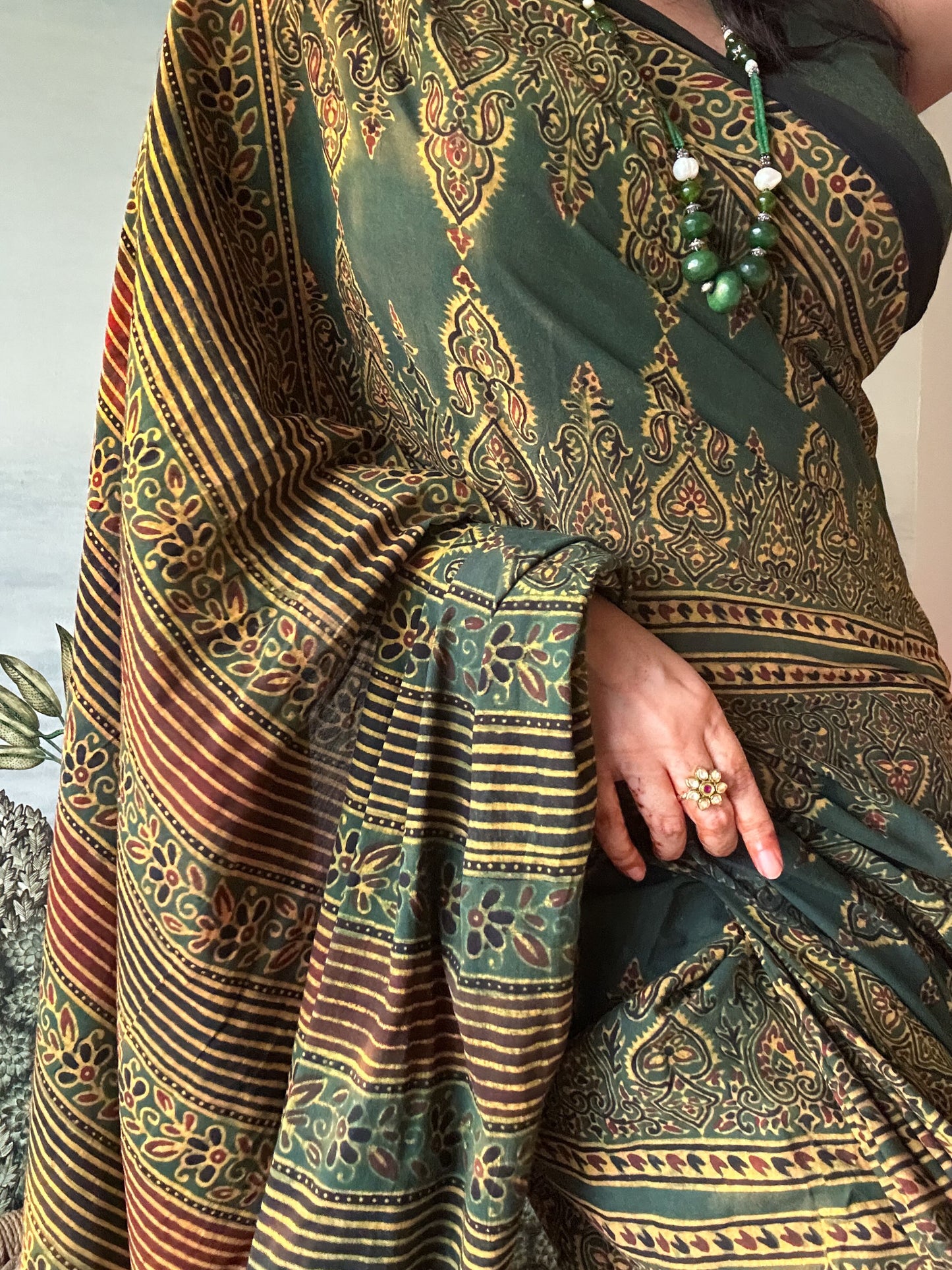 Lush Ajrakh Cotton Mul Saree - Deep Mehendi Green