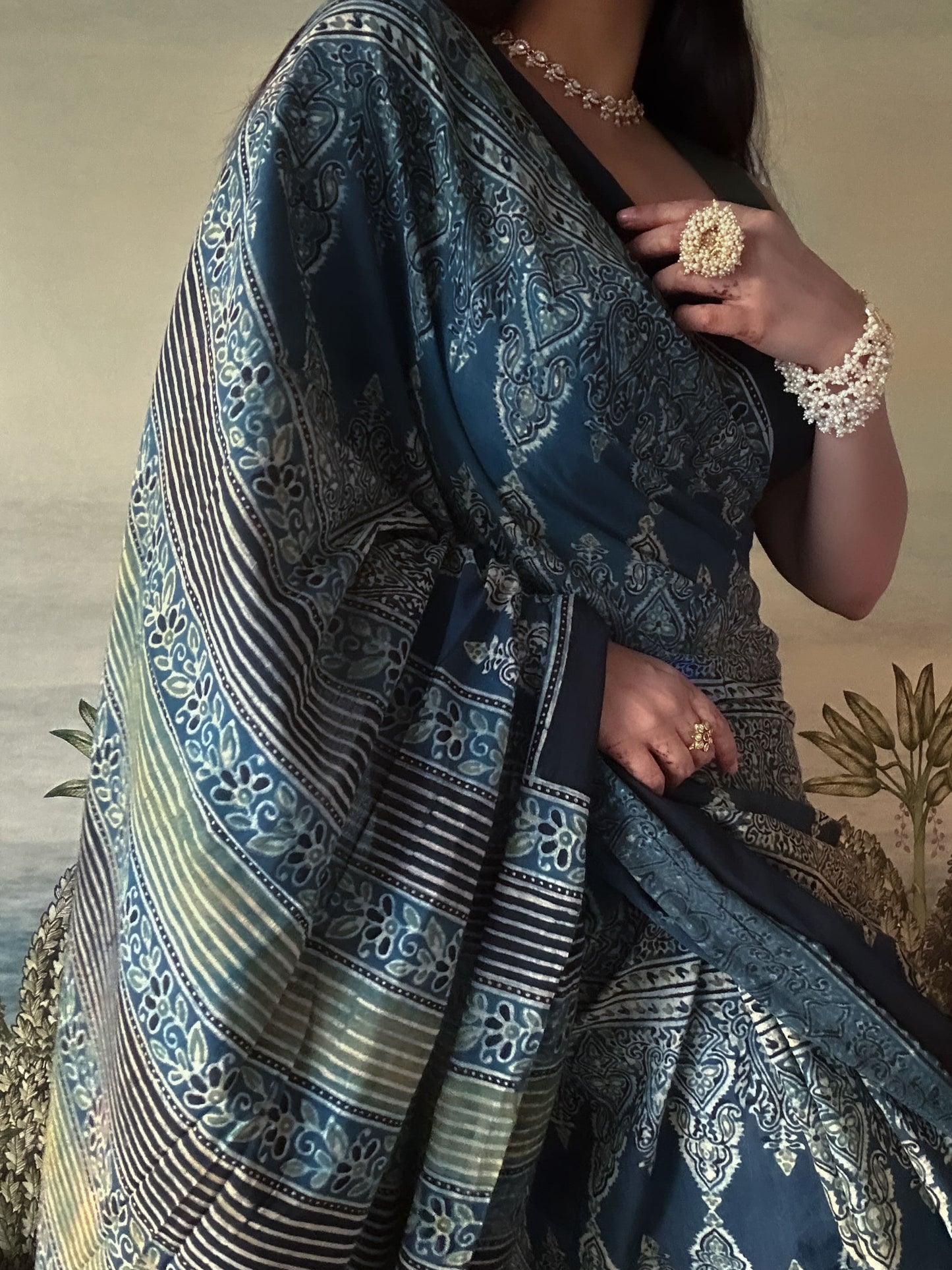 Lush Ajrakh Cotton Mul Saree - Indigo