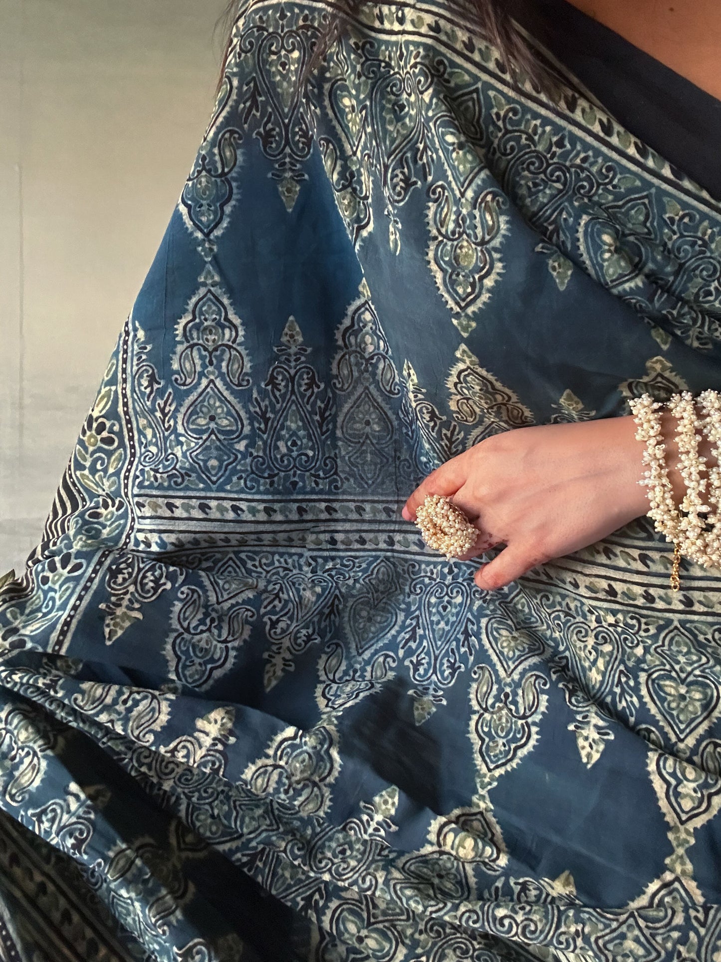 Lush Ajrakh Cotton Mul Saree - Indigo