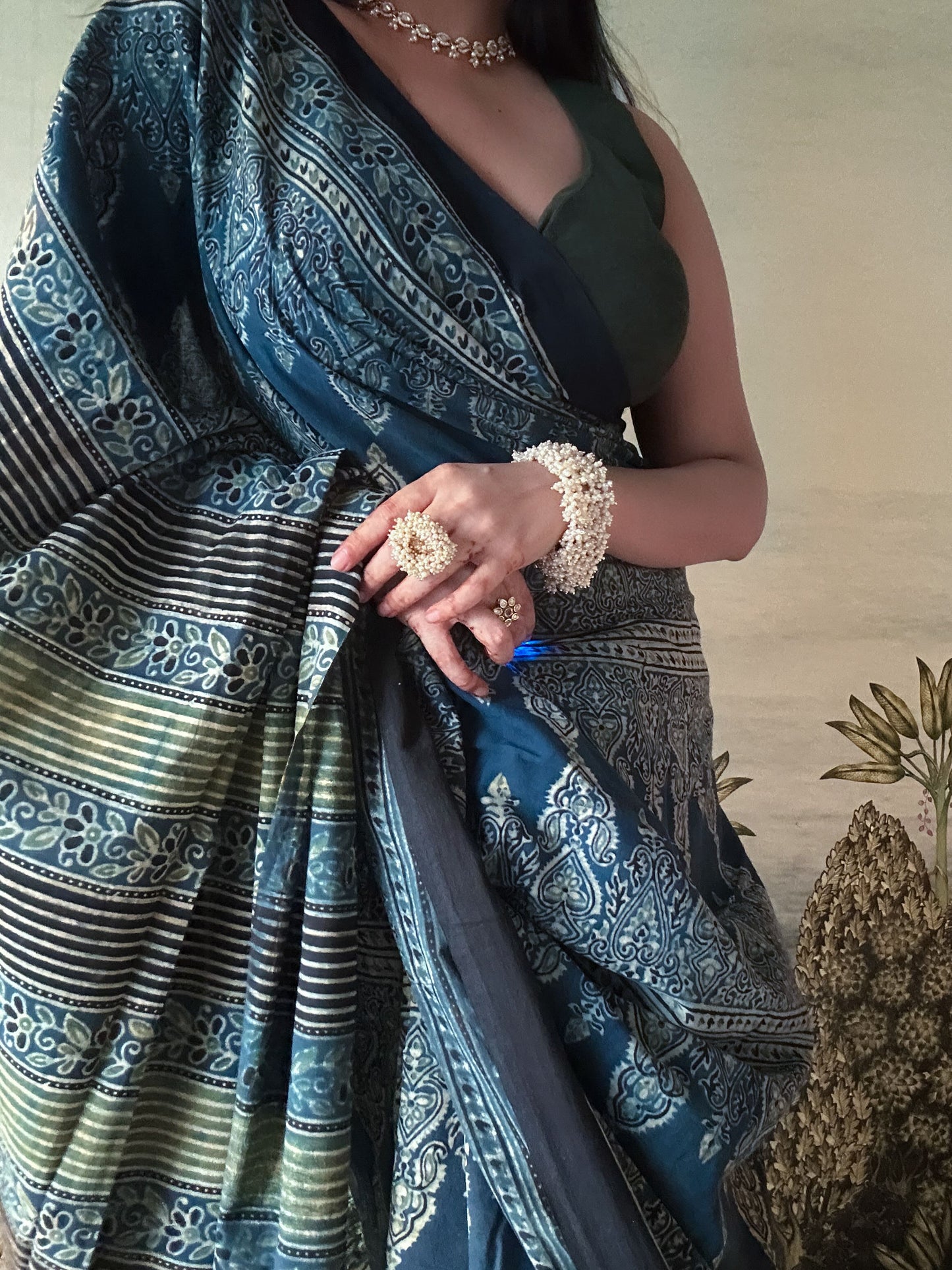 Lush Ajrakh Cotton Mul Saree - Indigo