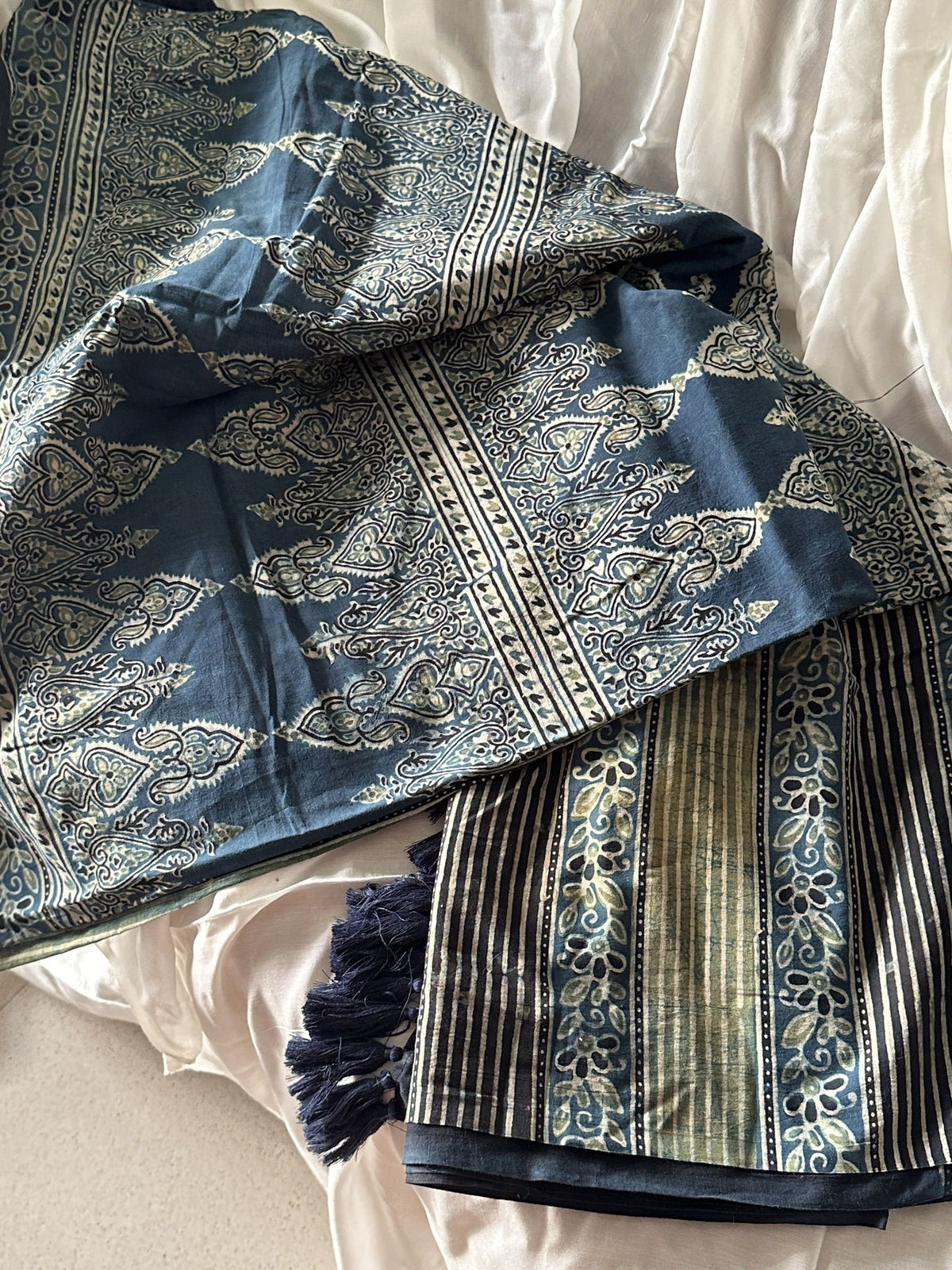 ajrakh indigo cotton saree