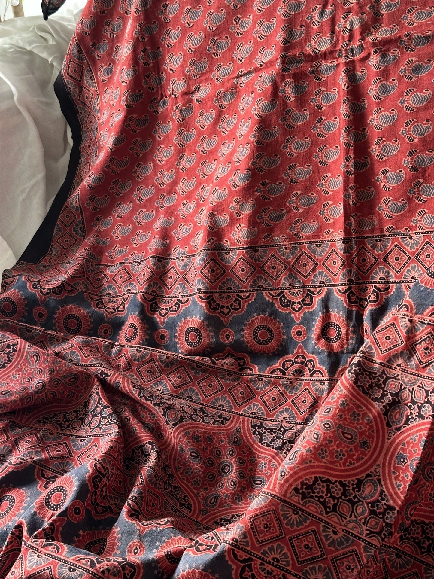 Kairi & Mirchi Ajrakh Cotton Mul Saree