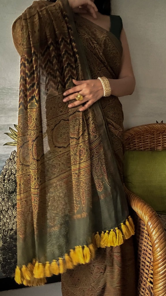 Mehendi - Handwoven & Handblocked Ajrakh Kota Saree