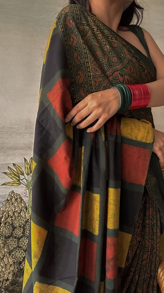 Lush Ajrakh Cotton Mul Saree - Mondrian