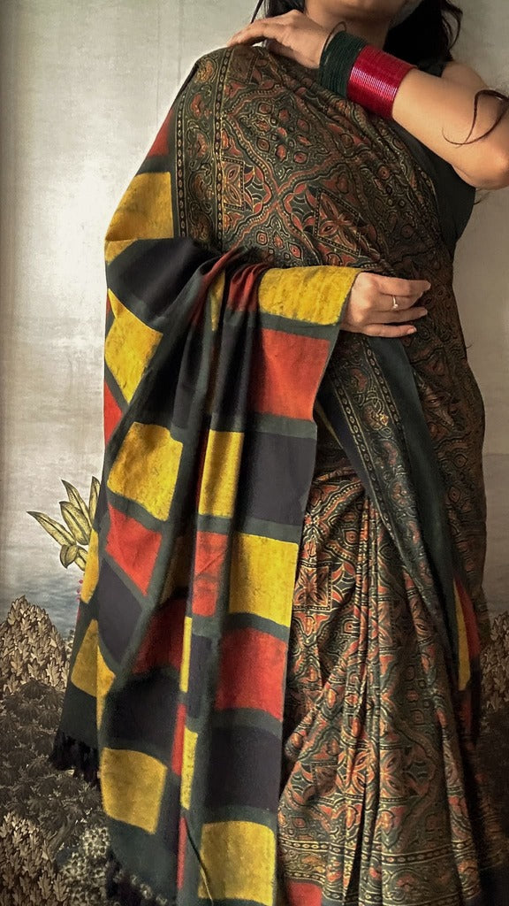 Lush Ajrakh Cotton Mul Saree - Mondrian