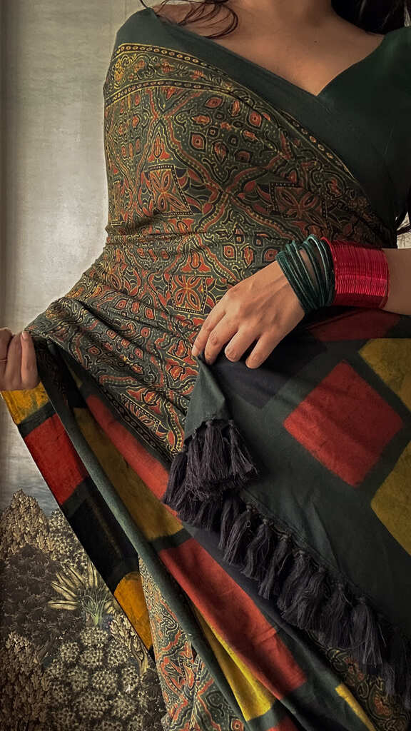 Lush Ajrakh Cotton Mul Saree - Mondrian