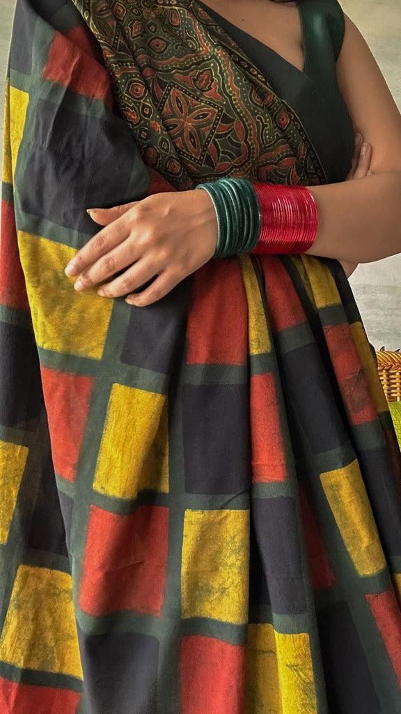Lush Ajrakh Cotton Mul Saree - Mondrian