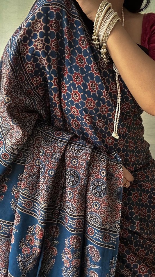 Lush Ajrakh Cotton Mul Saree - Blueberry Petrichor