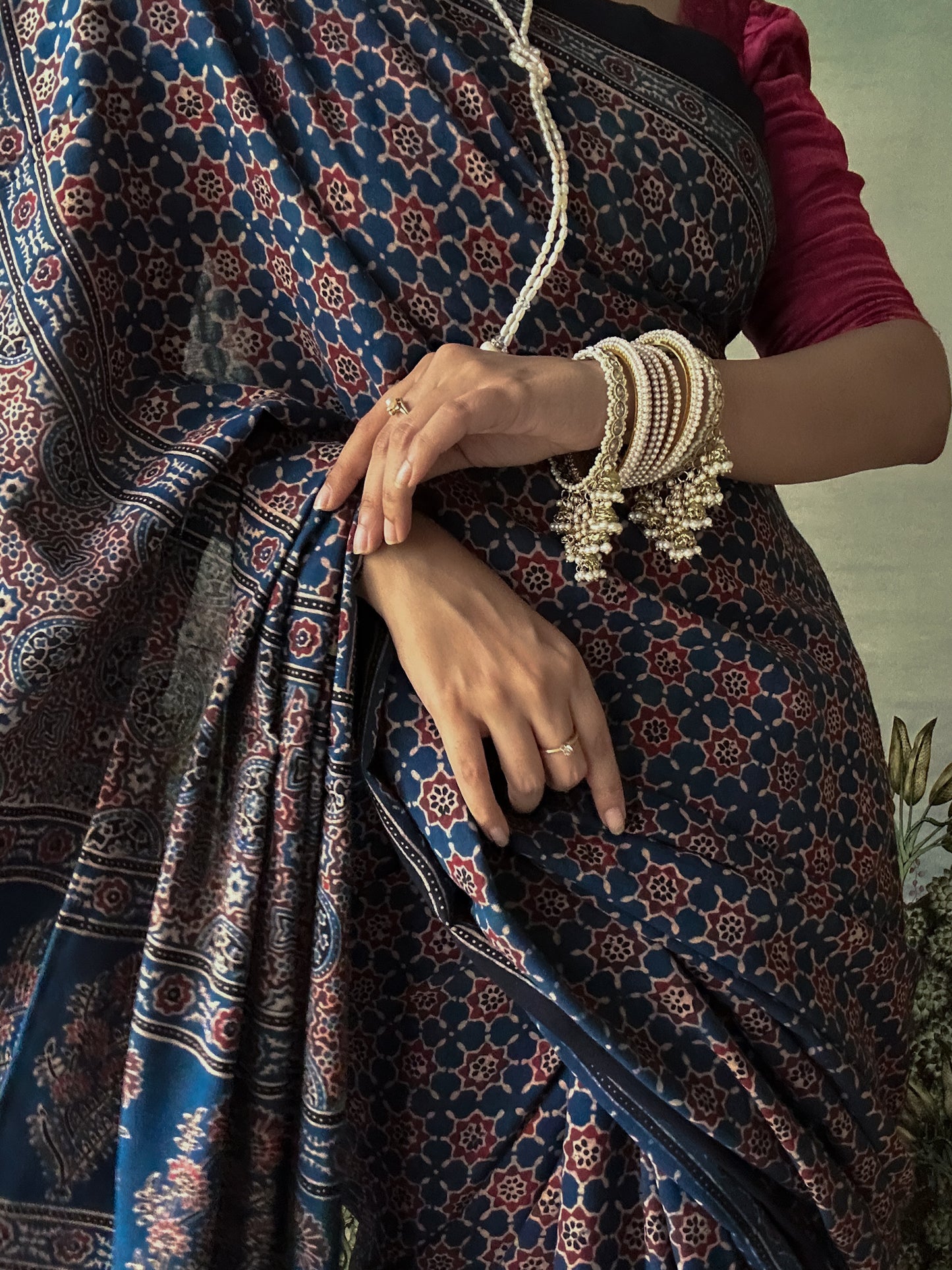 Lush Ajrakh Cotton Mul Saree - Blueberry Petrichor