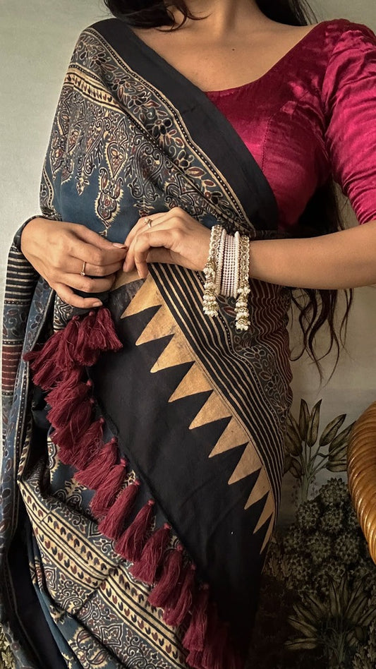 Lush Ajrakh Cotton Mul Saree - Sawan