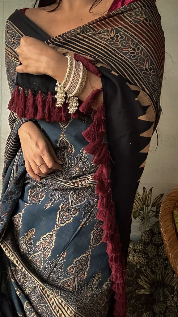 Lush Ajrakh Cotton Mul Saree - Sawan