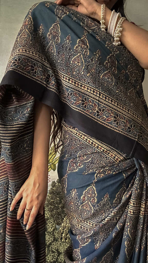 Lush Ajrakh Cotton Mul Saree - Sawan