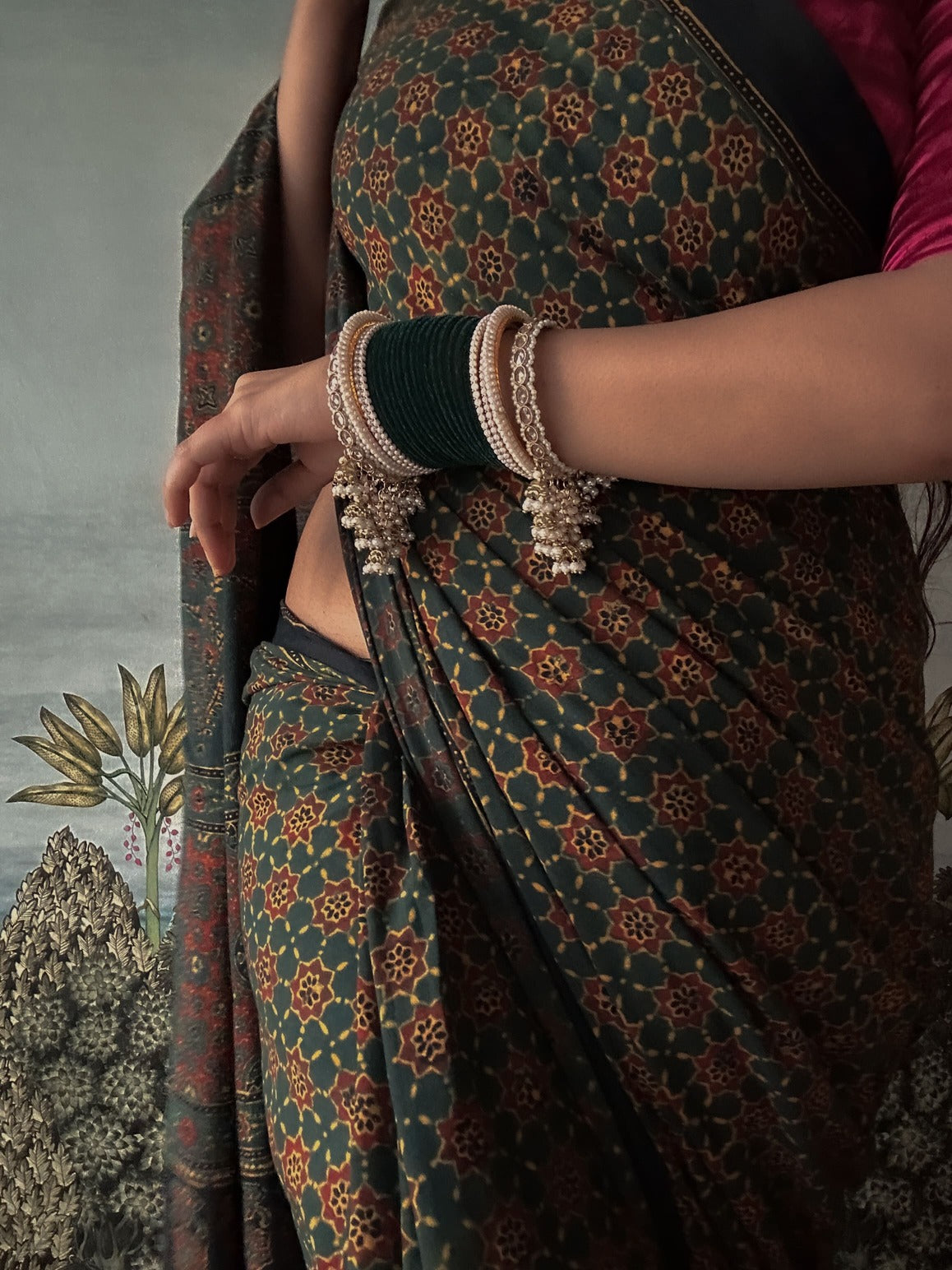 Lush Ajrakh Cotton Mul Saree - Blooming