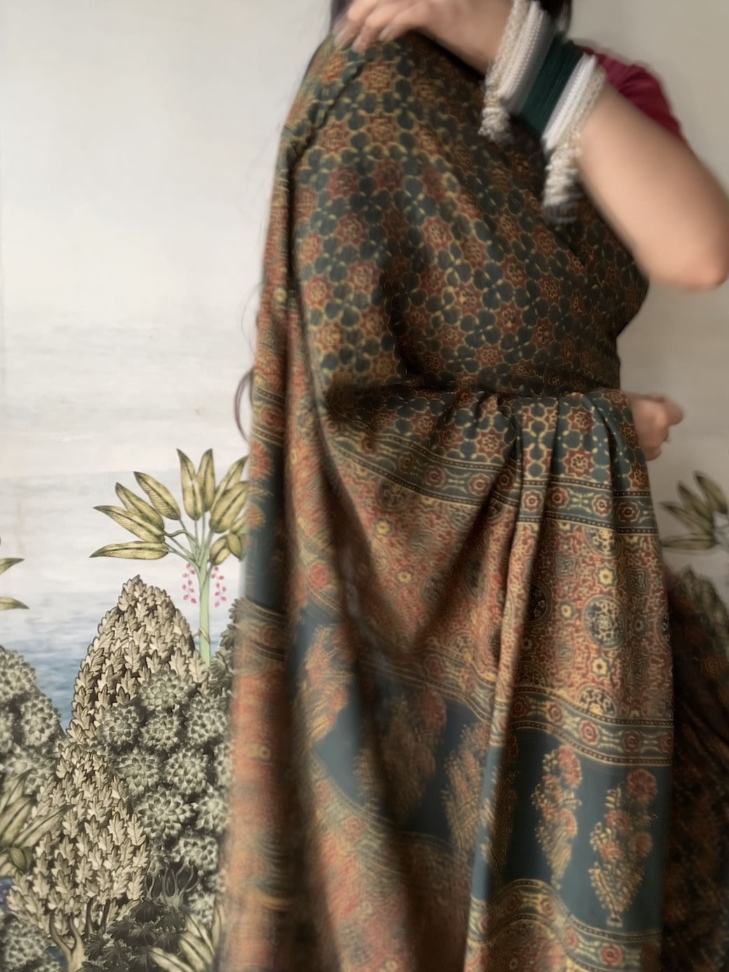 Lush Ajrakh Cotton Mul Saree - Blooming