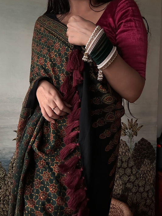 Lush Ajrakh Cotton Mul Saree - Blooming